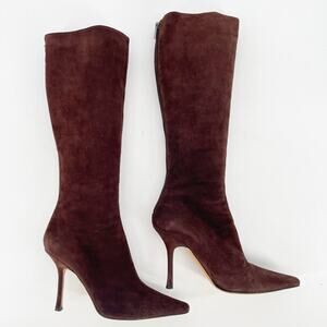 Retro Jimmy Choo Chocolate Brown Suede Knee High Pointed Toe Heeled Boot IT 41